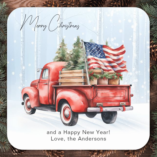 Vintage RedTruck USA Flag Patriotic Christmas  Square Sticker (Creator Uploaded)