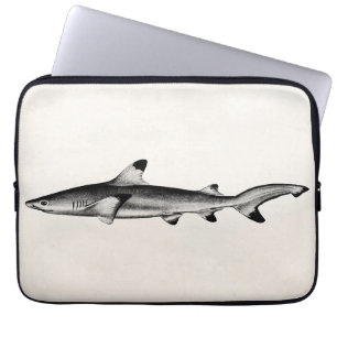 Vintage Reef Shark Illustration - Black Tipped Laptop Sleeve