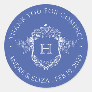 Vintage Regency Blue Monogram Crest Wedding  Classic Round Sticker
