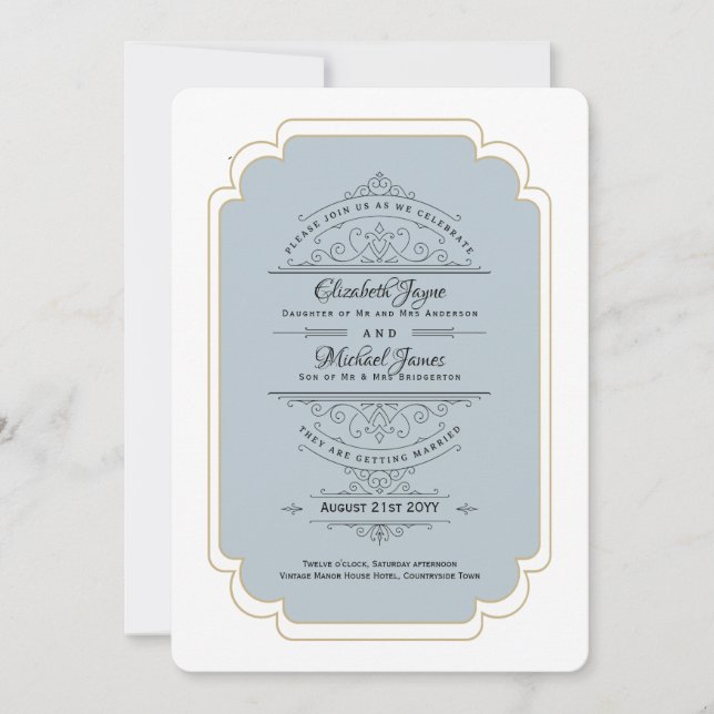 Vintage Regency Dusty Blue Gold Wedding Invitation (Front)