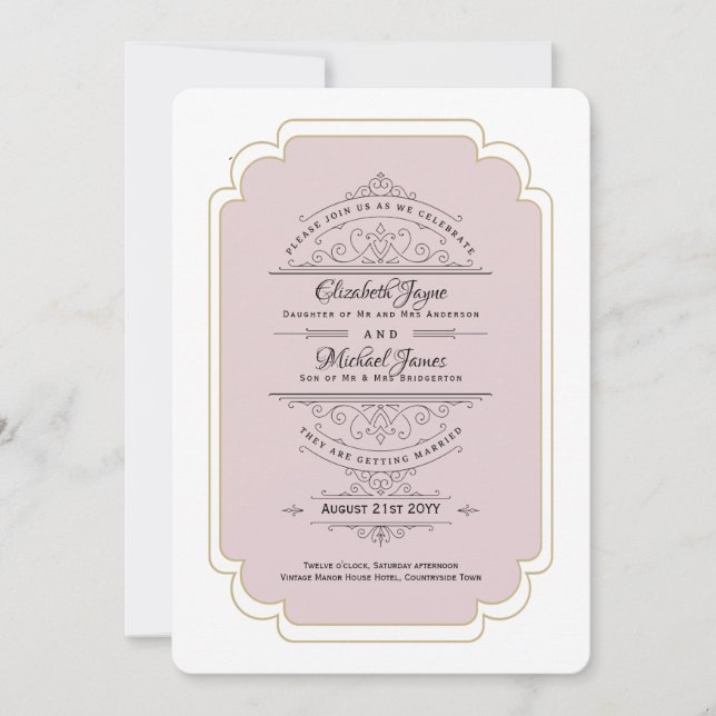 Vintage Regency Dusty Rose Gold Wedding Invitation (Front)