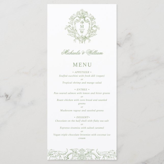 Vintage Regency Monogram Crest Wedding Elegant Menu (Front)