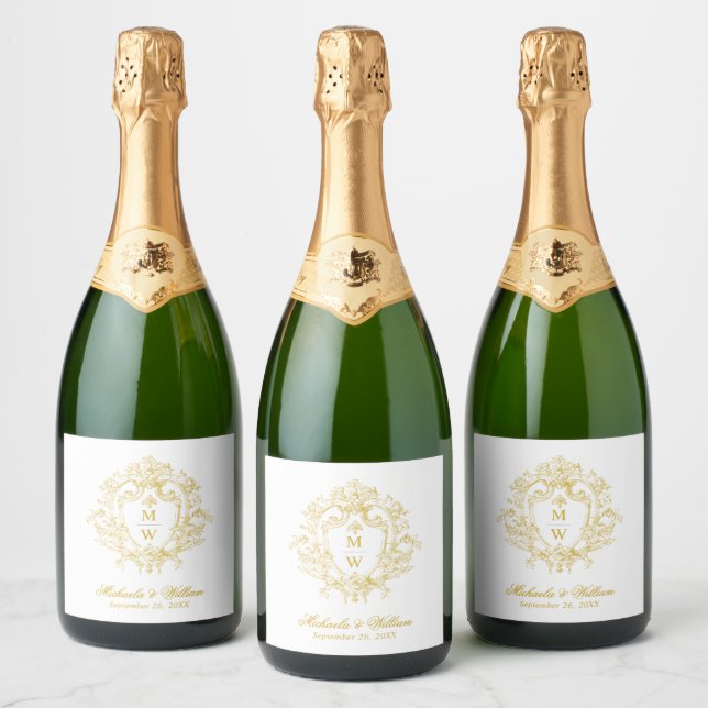 Vintage Regency Monogram Crest Wedding Sparkling Wine Label (Bottles)