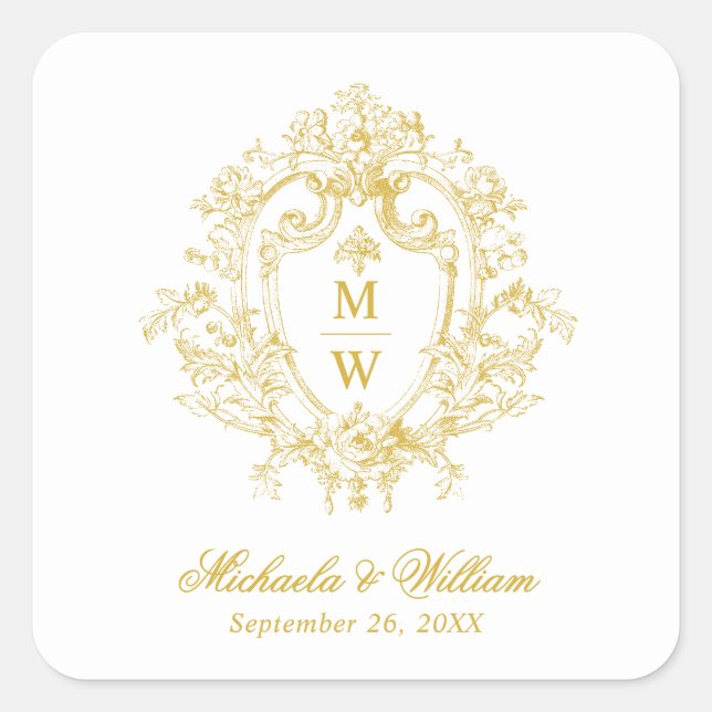 Vintage Regency Monogram Crest Wedding Square Sticker (Front)