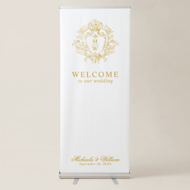 Vintage Regency Monogram Crest Wedding Welcome Retractable Banner (Front)