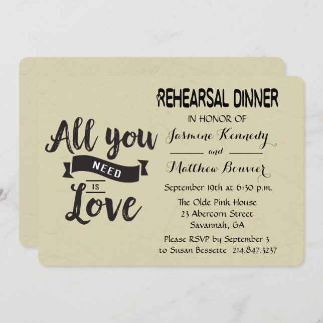 Vintage Rehearsal Dinner Black And Tan Wedding Invitation (Front/Back)