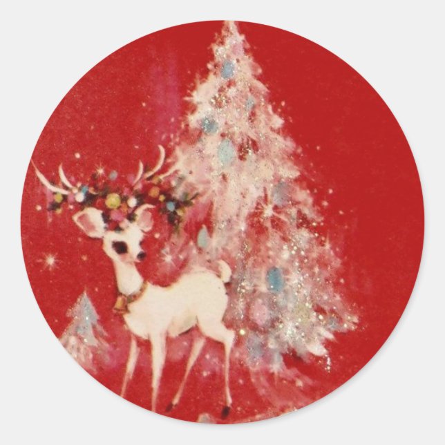 Vintage Reindeer And Christmas Tree Classic Round Sticker (Front)