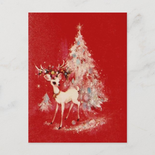 Vintage Reindeer And Christmas Tree Holiday Postcard (Front)