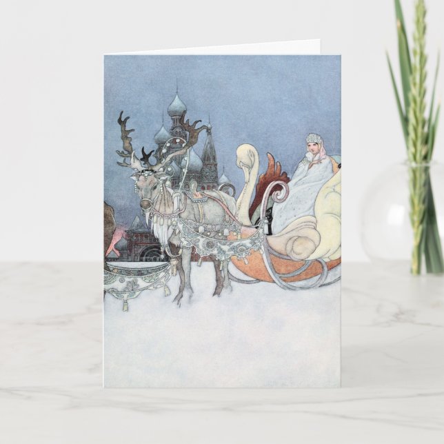 Vintage Reindeer and Sleigh by Charles Robinson Holiday Card (Front)