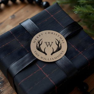 Vintage Reindeer Antlers Family Monogram Christmas Classic Round Sticker