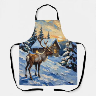 Vintage Reindeer by Snowy Cabin Christmas Painting Apron
