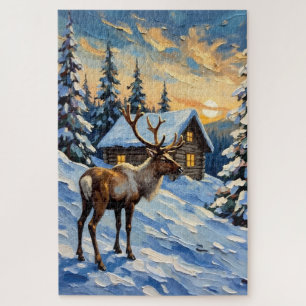 Vintage Reindeer by Snowy Cabin Christmas Painting Jigsaw Puzzle