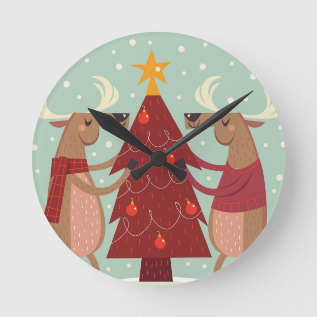 Vintage reindeer Christmas Round Clock (Front)