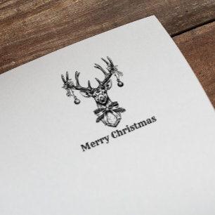 Vintage Reindeer Deer Antlers Merry Christmas Rubber Stamp