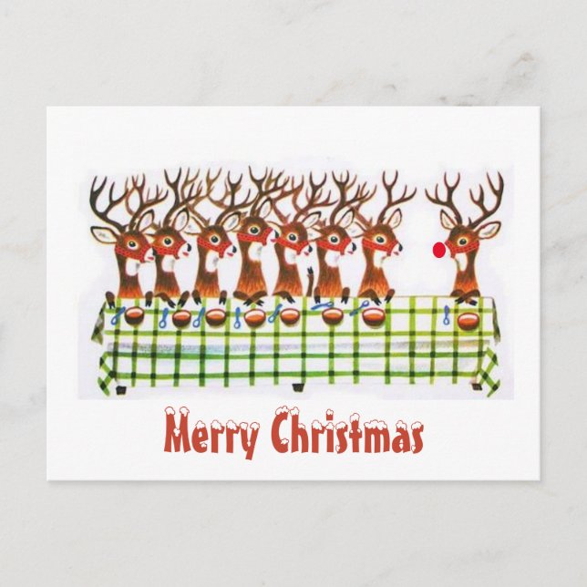 Vintage Reindeer Eating With Rudolf Christmas Postcard (Front)