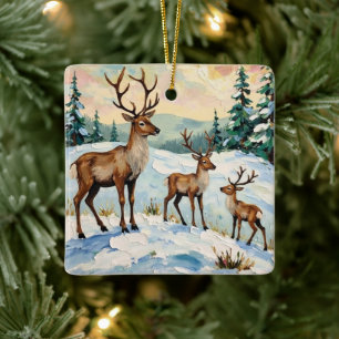 Vintage Reindeer Family Winter Meadow Painting Ceramic Ornament