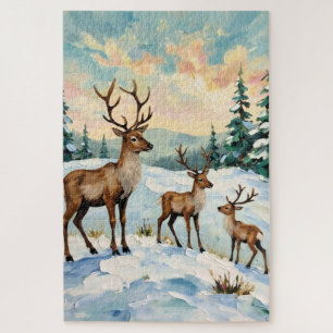 Vintage Reindeer Family Winter Meadow Painting Jigsaw Puzzle
