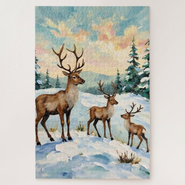 Vintage Reindeer Family Winter Meadow Painting Jigsaw Puzzle (Vertical)