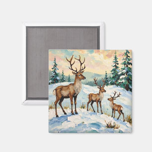 Vintage Reindeer Family Winter Meadow Painting Magnet
