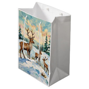 Vintage Reindeer Family Winter Meadow Painting Medium Gift Bag