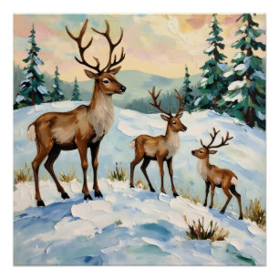 Vintage Reindeer Family Winter Meadow Painting Poster