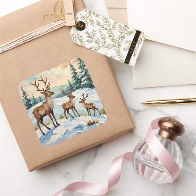 Vintage Reindeer Family Winter Meadow Painting Square Sticker (Gifting)