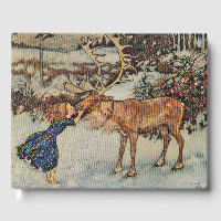 Vintage Reindeer Girl Winter Snow Scene Poster