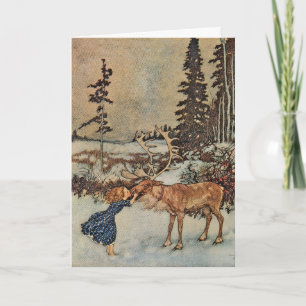 Vintage Reindeer Girl Winter Snow Scene Poster Holiday Card