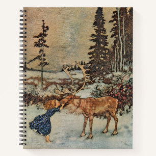 Vintage Reindeer Girl Winter Snow Scene Poster Notebook
