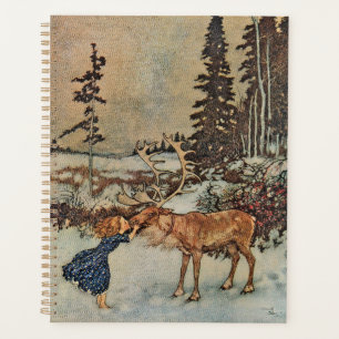 Vintage Reindeer Girl Winter Snow Scene Poster Planner