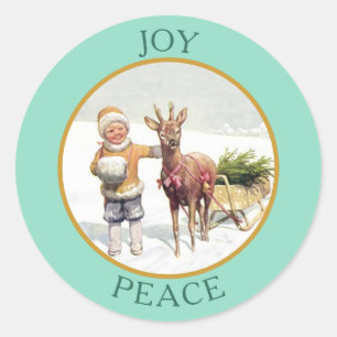 Vintage Reindeer Pulling Sled and Boy Classic Round Sticker