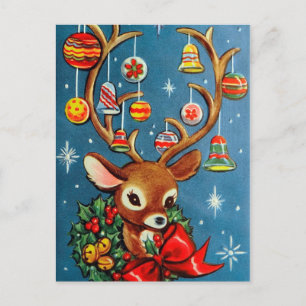 Vintage reindeer retro Holiday Christmas postcard