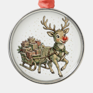 Vintage Reindeer Sleigh Retro Xmas Card Design Metal Tree Decoration