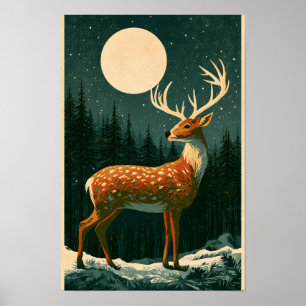 Vintage Reindeer Under Moon Winter Poster