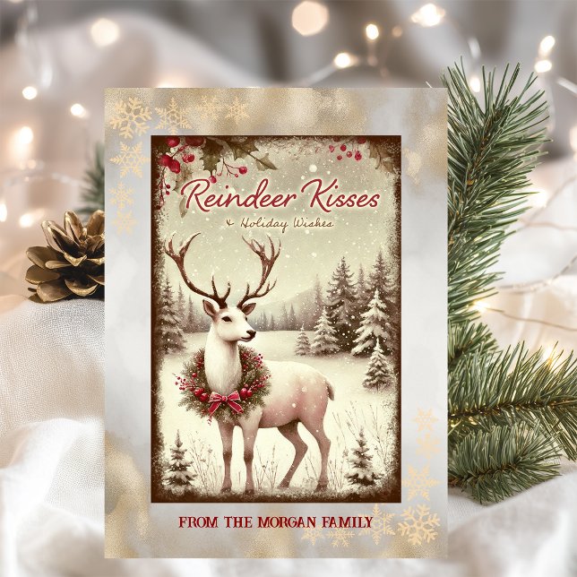 Vintage Reindeer Winter Forest Gold Holiday Card (Creator Uploaded)