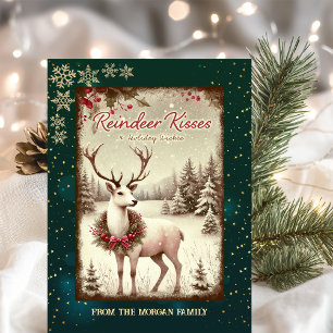 Vintage Reindeer Winter Forest Green Holiday Card