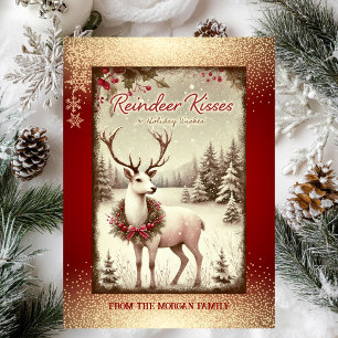 Vintage Reindeer Winter Forest Red Holiday Card