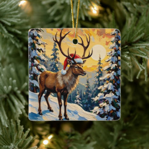 Vintage Reindeer with Santa Hat in Snowy Forest Ceramic Ornament