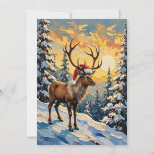 Vintage Reindeer with Santa Hat in Snowy Forest Holiday Card