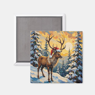 Vintage Reindeer with Santa Hat in Snowy Forest Magnet
