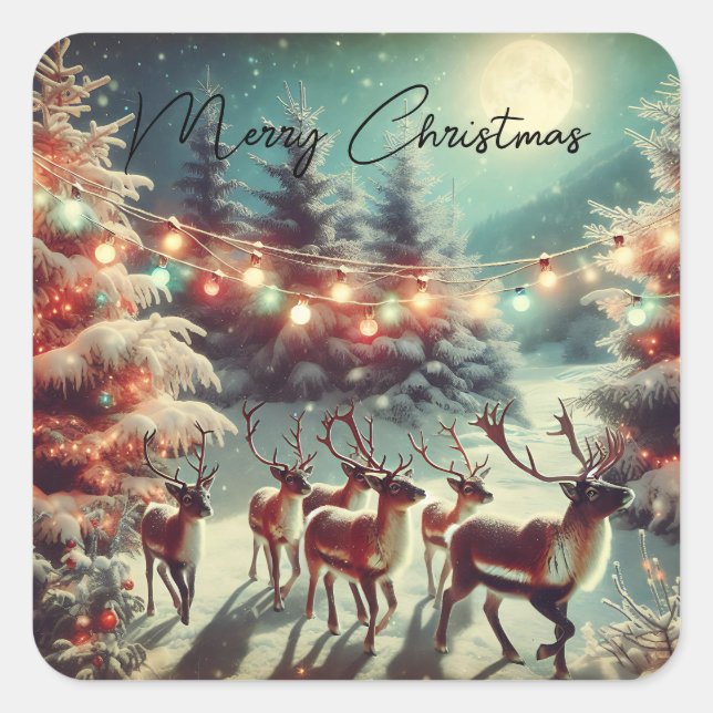 Vintage Reindeers and Christmas Lights   Square Sticker (Front)