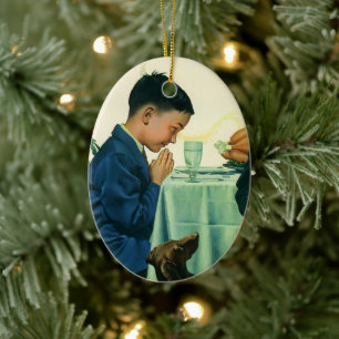Vintage Religion, Boy Saying Grace at Thanksgiving Ceramic Tree Decoration