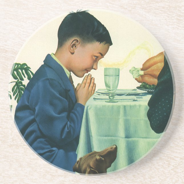 Vintage Religion, Boy Saying Grace at Thanksgiving Coaster (Front)