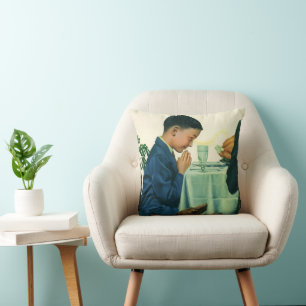 Vintage Religion, Boy Saying Grace at Thanksgiving Cushion