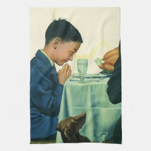 Vintage Religion, Boy Saying Grace at Thanksgiving Tea Towel