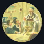 Vintage Religion, Judaism, Lighting the Menorah Classic Round Sticker<br><div class="desc">Vintage illustration religious judaica image featuring a Rabbi lighting the candles on a Menorah during Hanukkah with two children watching.</div>