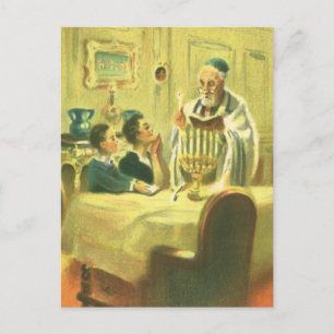 Vintage Religion, Judaism, Lighting the Menorah Postcard
