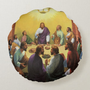 Vintage Religion, Last Supper with Jesus Christ Round Cushion