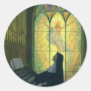 Vintage Religion, Nun Playing an Organ in Church Classic Round Sticker