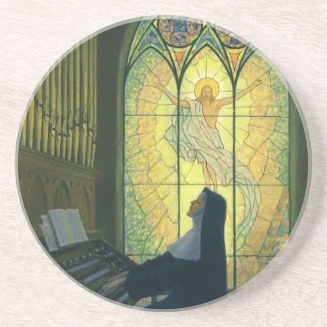 Vintage Religion, Nun Playing an Organ in Church Coaster (Front)